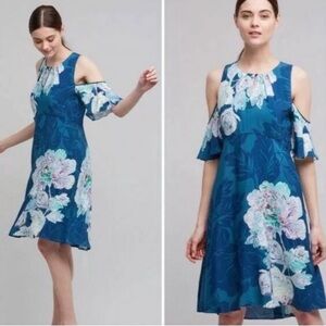 Maeve Blue Floral Cold Shoulder Midi Dress